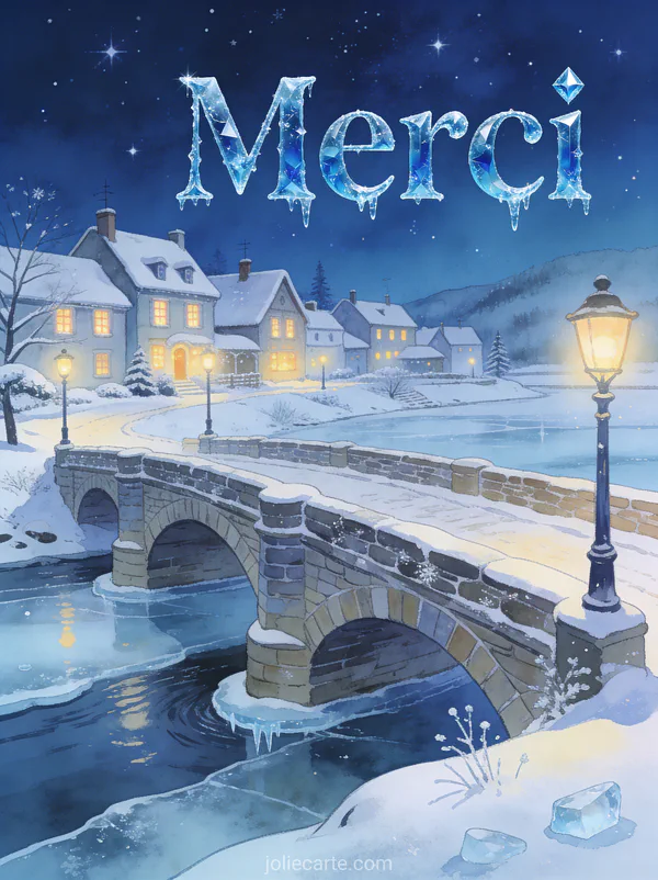 Texte Merci en lettres bleues glacées cristallines avec un village enneigé aux fenêtres illuminées vu de loin avec un pont de pierre et une rivière gelée sous un ciel étoilé