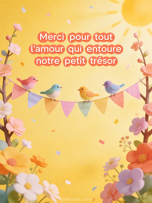 Guirlande de fanions pastel tendue entre deux branches fleuries avec petits oiseaux colorés et confettis