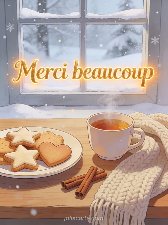 Texte Merci beaucoup en lettres dorées chaleureuses avec des biscuits en forme d'étoile et une tasse de thé fumante sur une table en bois près d'une fenêtre enneigée