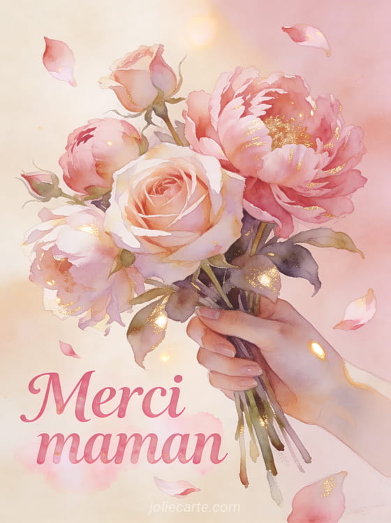 Bouquet de roses anciennes et pivoines tenu par une main délicate avec pétales qui s’envolent style romantique