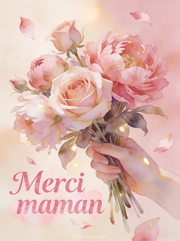 Bouquet de roses anciennes et pivoines tenu par une main délicate avec pétales qui s’envolent style romantique