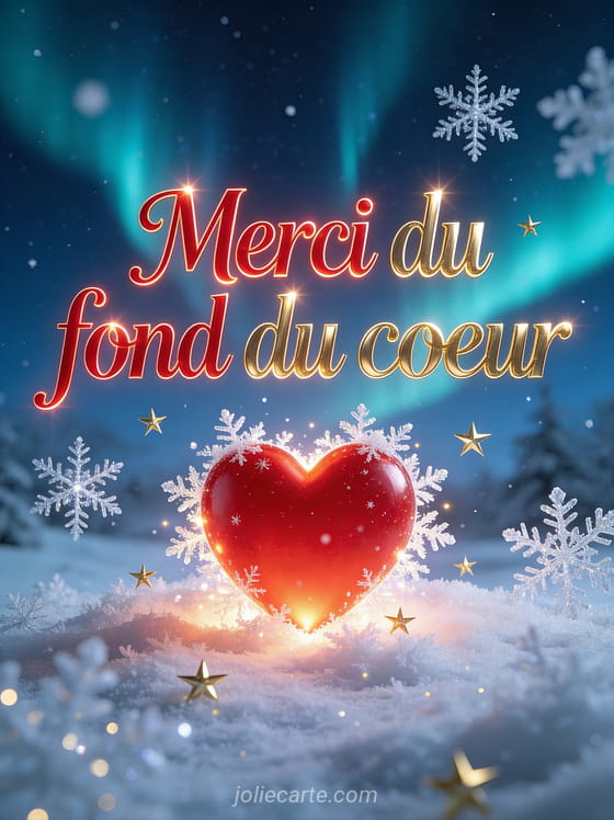 Texte Merci du fond du coeur en lettres rouge et or lumineuses avec un grand coeur rouge entouré de flocons scintillants et d'étoiles dorées sur fond hivernal bleu nuit