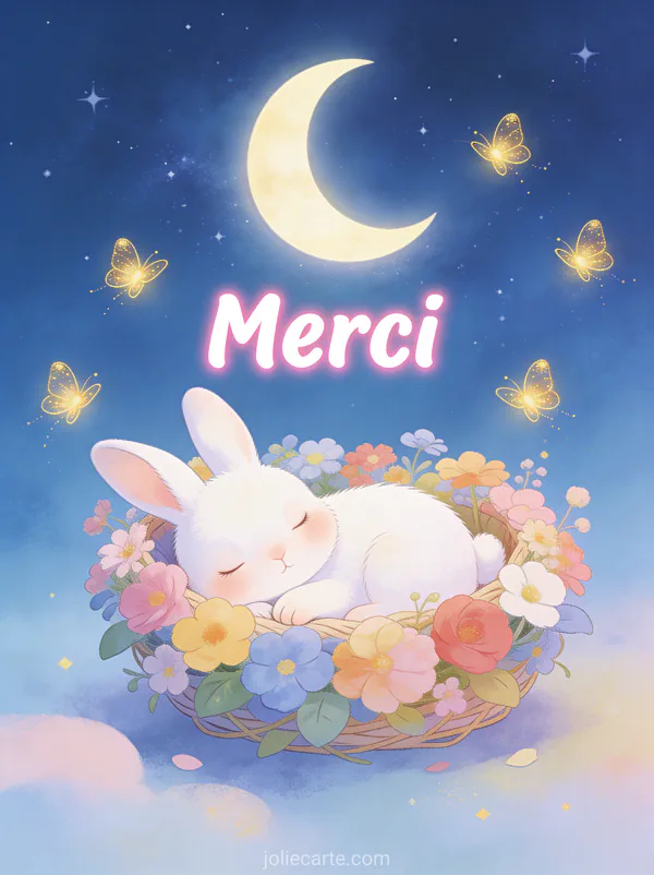 Petit lapin blanc endormi dans un berceau de fleurs avec lucioles dorées sous un ciel étoilé et lune en croissant