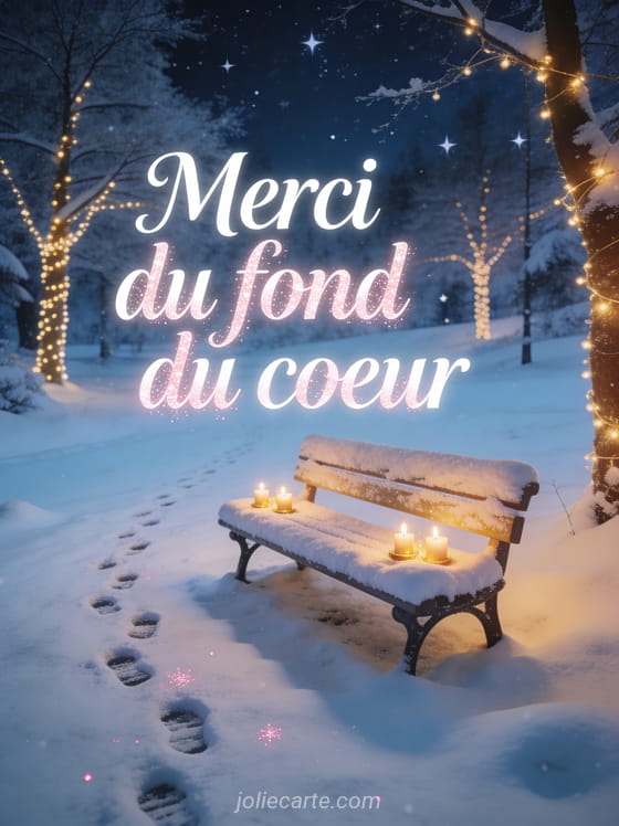 Texte Merci du fond du coeur en lettres blanches pailletées roses avec des empreintes de pas dans la neige menant vers un banc éclairé de bougies sous un ciel étoilé