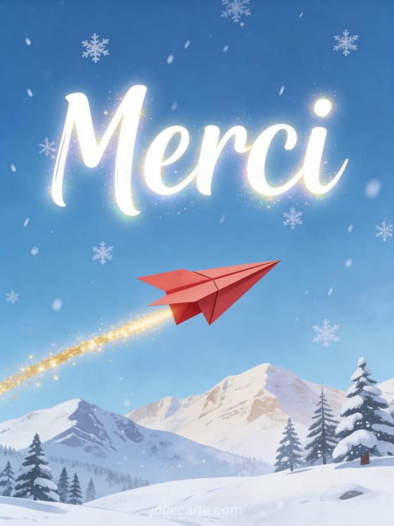 Texte Merci en lettres blanches dynamiques avec un avion en papier rouge volant au-dessus d'un paysage enneigé de montagnes et sapins avec une trainée lumineuse dorée