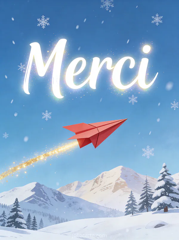 Texte Merci en lettres blanches dynamiques avec un avion en papier rouge volant au-dessus d'un paysage enneigé de montagnes et sapins avec une trainée lumineuse dorée