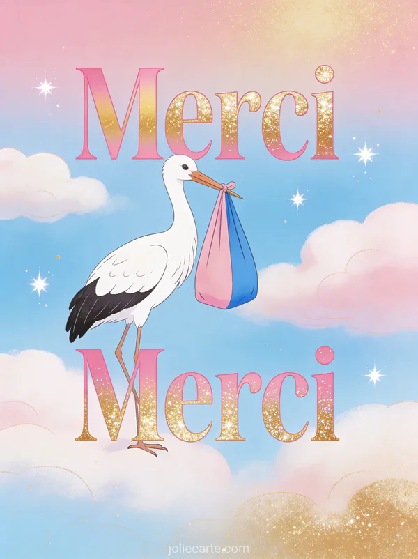Cigogne blanche portant un baluchon rose et bleu dans un ciel bleu clair avec étoiles scintillantes