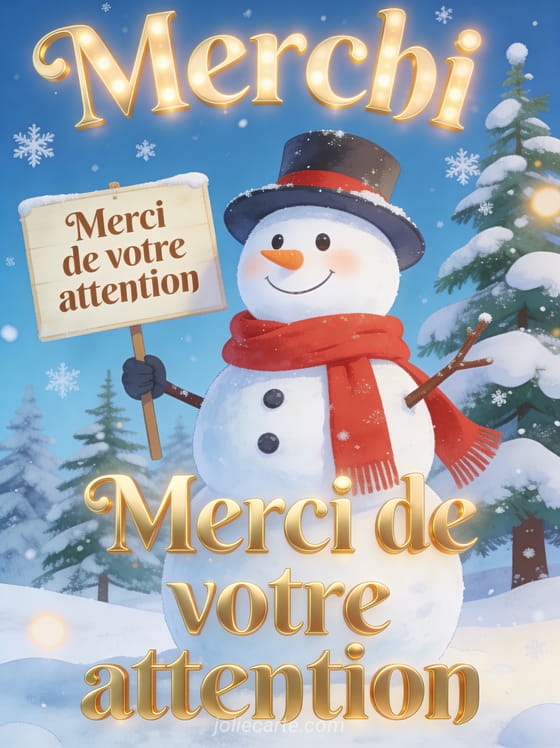 Texte Merci de votre attention en lettres dorées avec un bonhomme de neige souriant tenant une pancarte portant chapeau et écharpe rouge devant des sapins enneigés