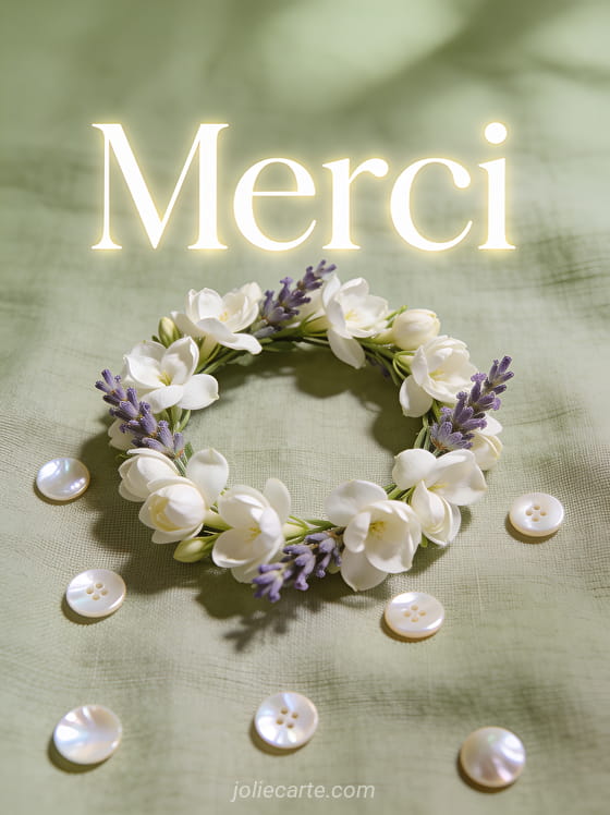 Couronne de jasmin et lavande posée sur un tissu en lin avec boutons de nacre sur fond vert olive