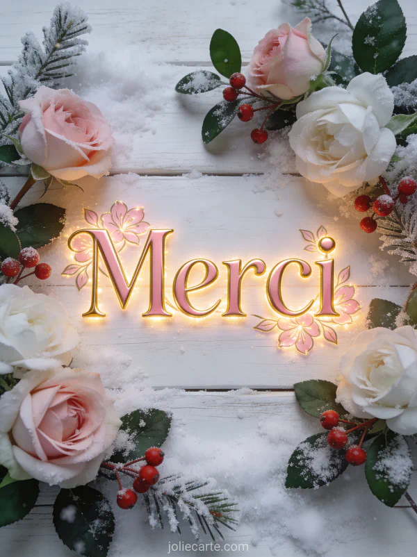Texte Merci en lettres rose doré avec un arrangement de fleurs d'hiver roses et blanches avec feuillage vert foncé givré et baies rouges sur fond de bois blanc enneigé