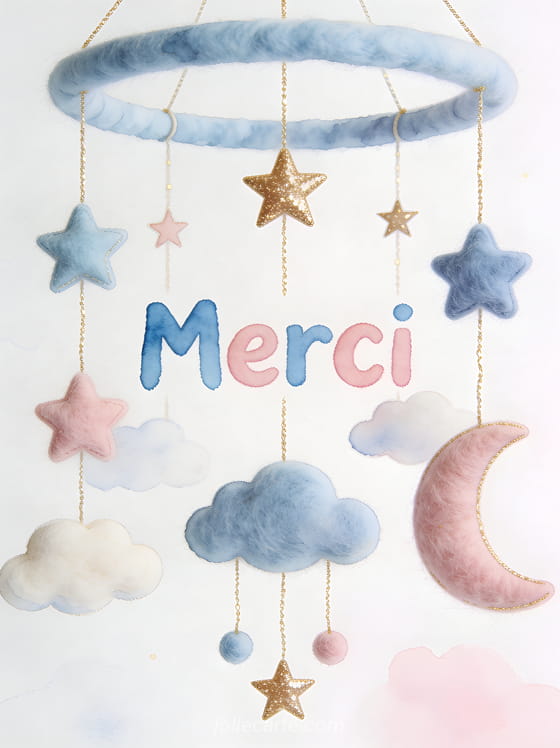Mobile musical suspendu avec étoiles lunes et nuages en feutre et fils dorés sur fond blanc pastel