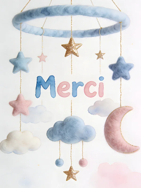 Mobile musical suspendu avec étoiles lunes et nuages en feutre et fils dorés sur fond blanc pastel