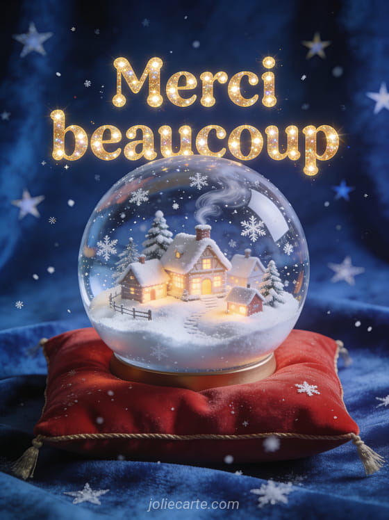 Texte Merci beaucoup en lettres dorées rondes scintillantes avec une boule à neige géante contenant un village enneigé illuminé sur un coussin rouge et fond bleu nuit étoilé