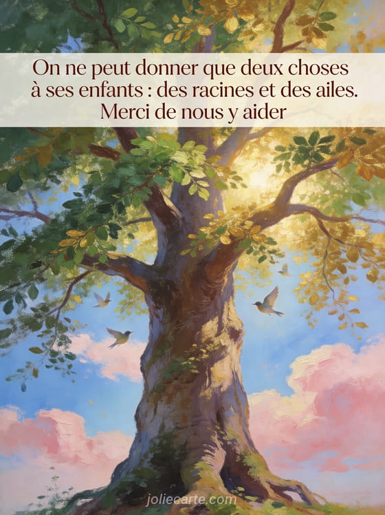 Grand arbre majestueux avec feuilles vertes et dorées et petits oiseaux qui s’envolent dans un ciel bleu