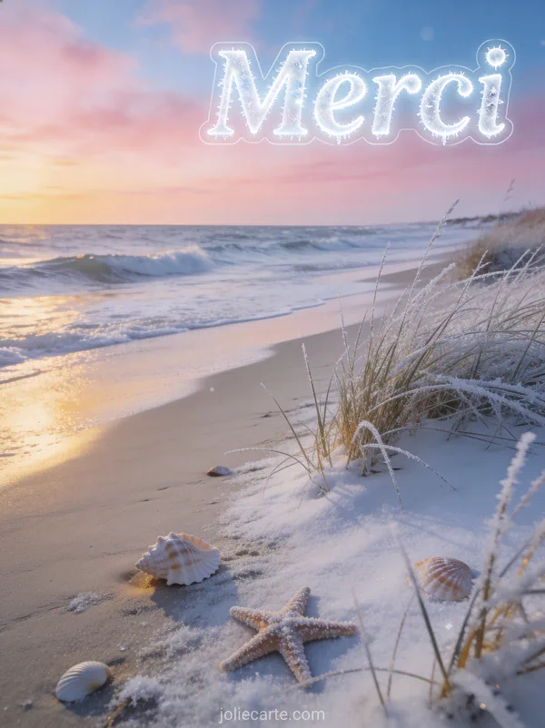 Texte Merci en lettres blanches lumineuses glacées sur une plage hivernale avec sable clair et vagues douces sous un ciel d'hiver rose et bleu pastel au coucher de soleil