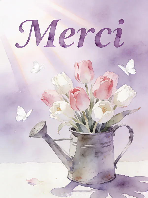 Bouquet de tulipes roses et blanches dans un arrosoir en zinc avec papillons blancs sur fond lilas