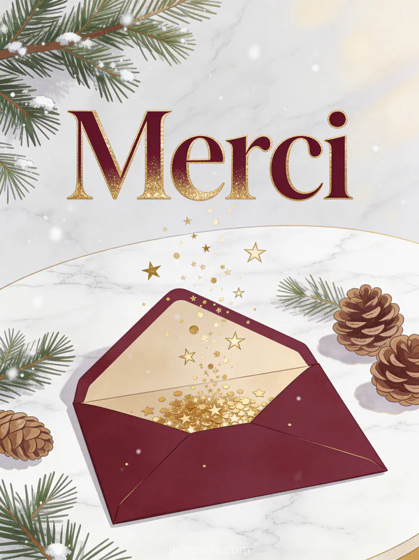 Texte Merci en lettres bordeaux dorées élégantes avec une enveloppe ouverte libérant des confettis dorés et des étoiles sur une table en marbre avec branches de sapin