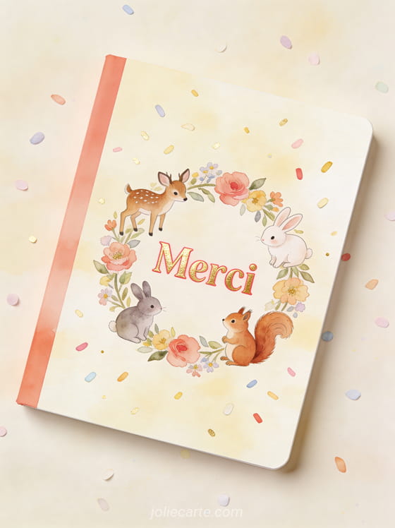 Ronde de petits animaux aquarelle faon lapin et écureuil autour d’une couronne de fleurs sur fond crème vanille