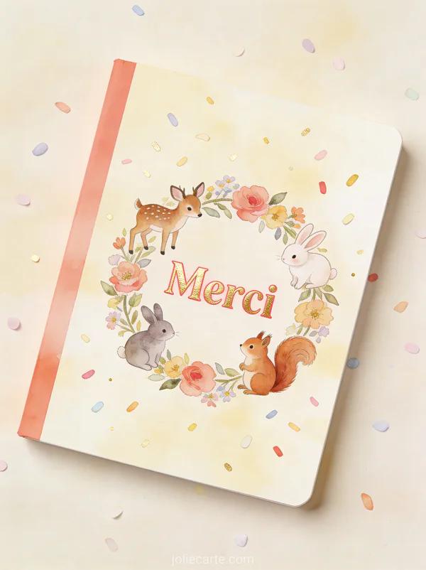 Ronde de petits animaux aquarelle faon lapin et écureuil autour d’une couronne de fleurs sur fond crème vanille