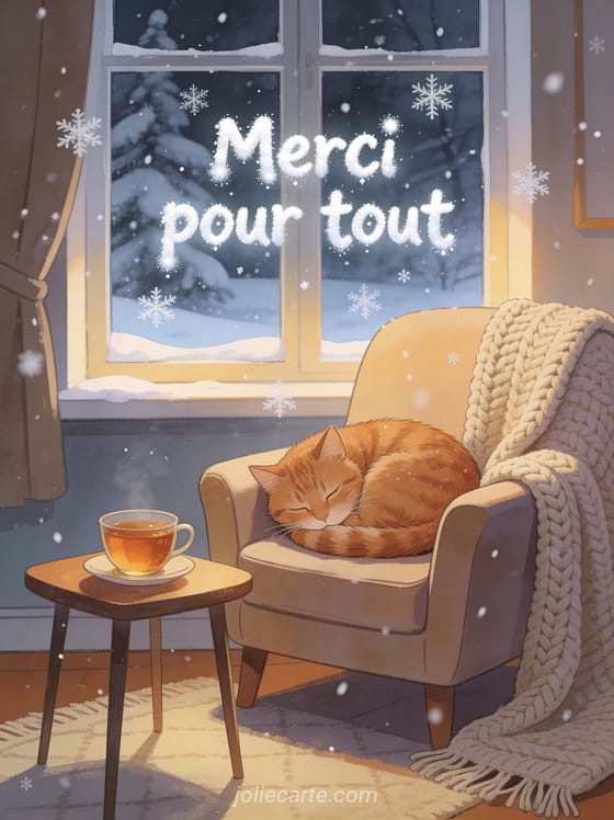 Texte Merci pour tout en lettres blanches avec un chat roux endormi sur un fauteuil près d'une fenêtre enneigée avec un plaid tricoté et une tasse de thé
