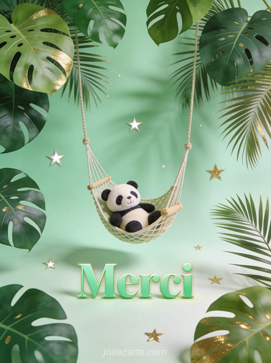 Feuilles de monstera et palmier avec petit hamac suspendu contenant un doudou panda sur fond vert tropical