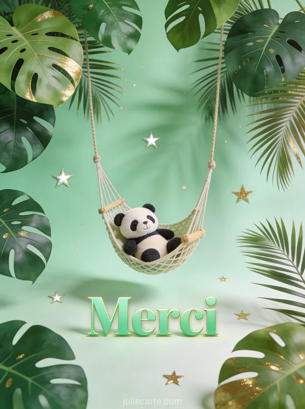 Feuilles de monstera et palmier avec petit hamac suspendu contenant un doudou panda sur fond vert tropical