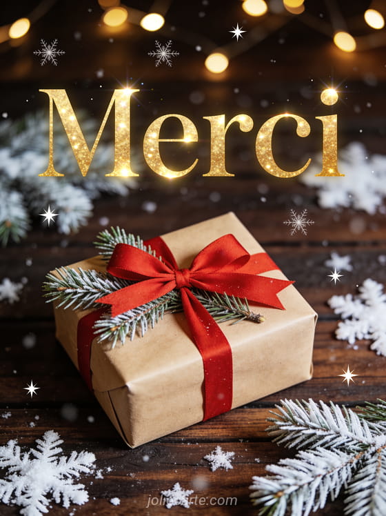 Texte Merci en lettres dorées lumineuses avec un paquet cadeau élégant en papier kraft avec noeud rouge et branches de pin sur table sombre avec flocons et étoiles
