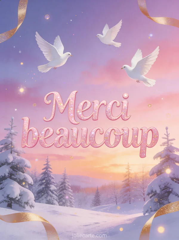Texte Merci beaucoup en lettres rose pastel pailletées avec des colombes blanches volant au-dessus d'un paysage hivernal aux arbres givrés et un ciel rose et violet
