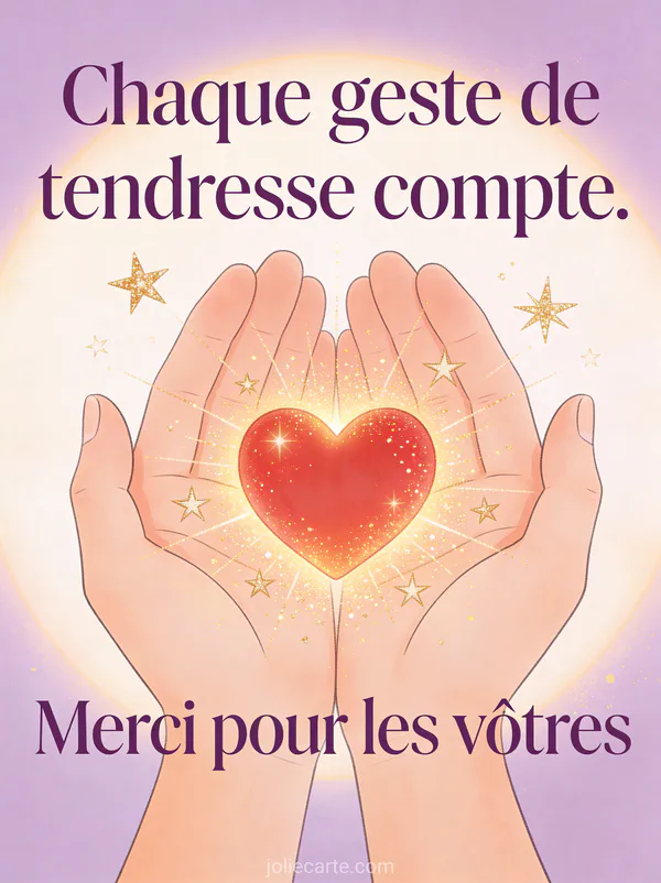 Mains ouvertes tenant un petit coeur rouge lumineux avec étoiles et paillettes dorées sur fond violet pastel