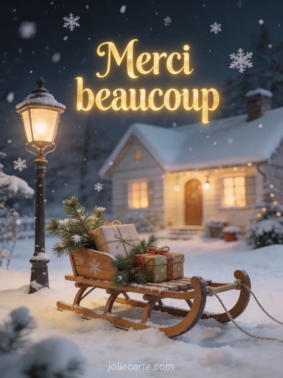 Texte Merci beaucoup en lettres dorées chaleureuses avec un traîneau décoratif en bois garni de cadeaux et branches de sapin dans la neige devant un cottage illuminé
