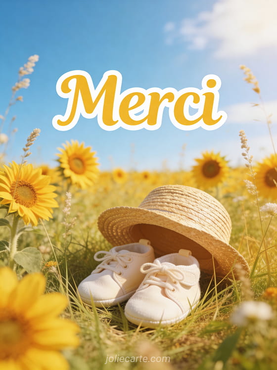 Champ de tournesols lumineux avec chapeau de paille et chaussons de bébé dans l'herbe sous un ciel bleu