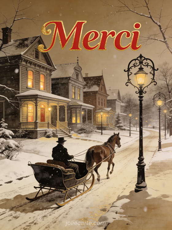 Texte Merci en lettres rouges rétro dorées avec une scène de carte postale ancienne montrant un traîneau à cheval sur un chemin enneigé devant des maisons victoriennes
