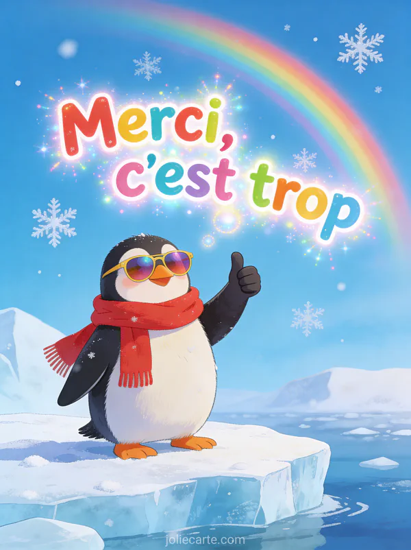 Texte Merci c'est trop en lettres colorées joyeuses avec un pingouin portant écharpe rouge et lunettes de soleil faisant un pouce levé sur un iceberg sous un arc-en-ciel