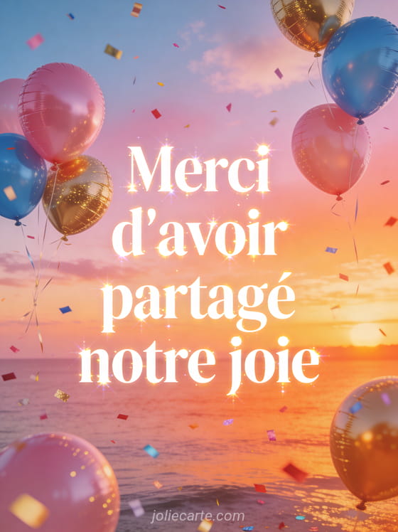 Ballons roses bleus et dorés qui s’envolent dans un ciel de coucher de soleil avec confettis multicolores