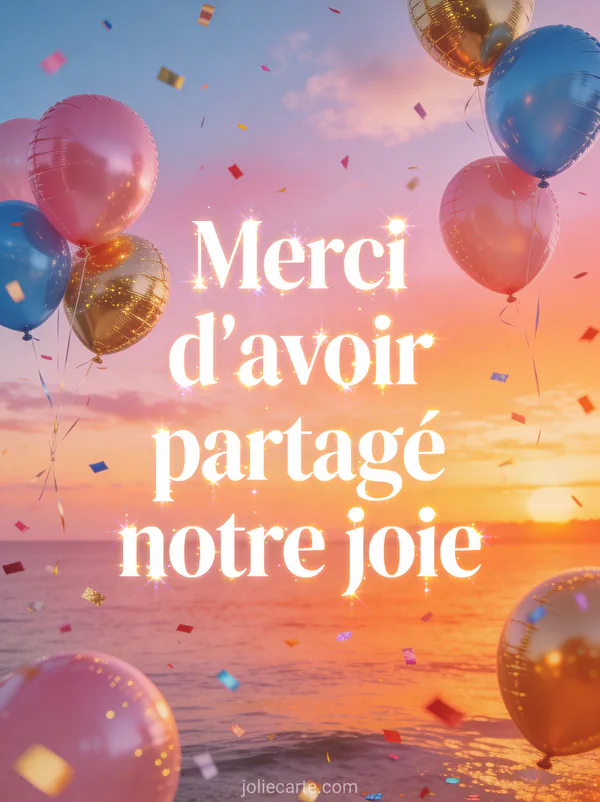 Ballons roses bleus et dorés qui s’envolent dans un ciel de coucher de soleil avec confettis multicolores