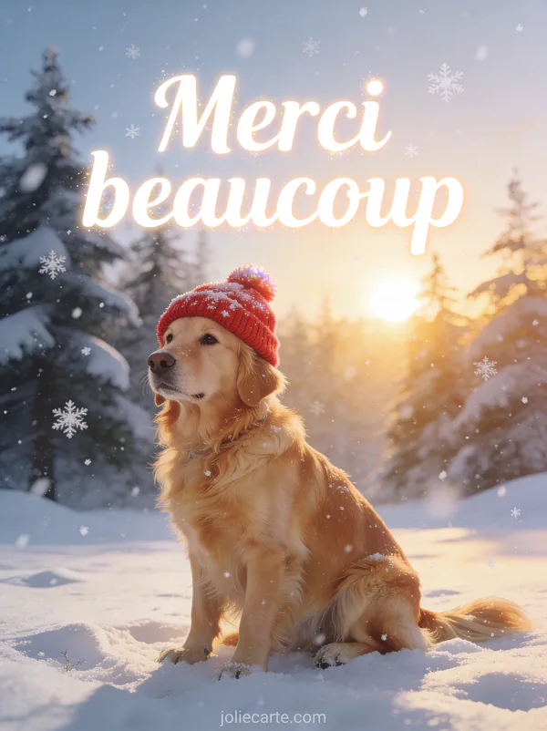 Texte Merci beaucoup en lettres blanches avec un chien golden retriever assis dans la neige portant un bonnet rouge avec un regard tendre sous des sapins enneigés