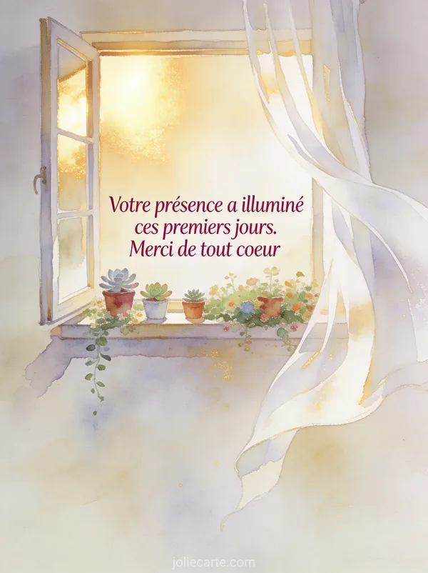 Fenêtre ouverte avec lumière dorée et pots de succulentes sur le rebord avec rideaux en voile blanc