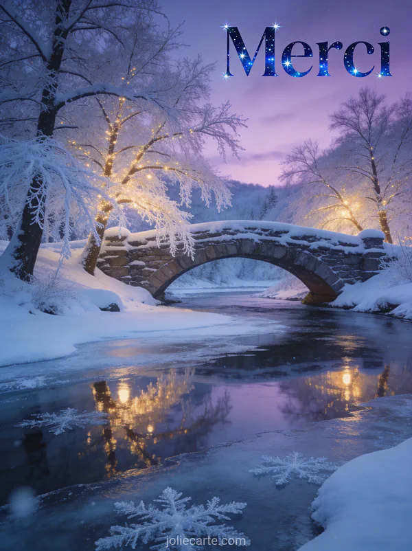 Texte Merci en lettres bleu nuit étoilées scintillantes avec un pont en pierre enneigé enjambant une rivière gelée entouré d'arbres givrés aux lumières dorées sous un ciel mauve