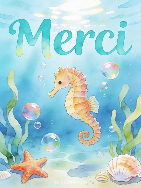 Hippocampe mignon nageant parmi des bulles colorées et algues avec étoiles de mer et coquillages sous-marins