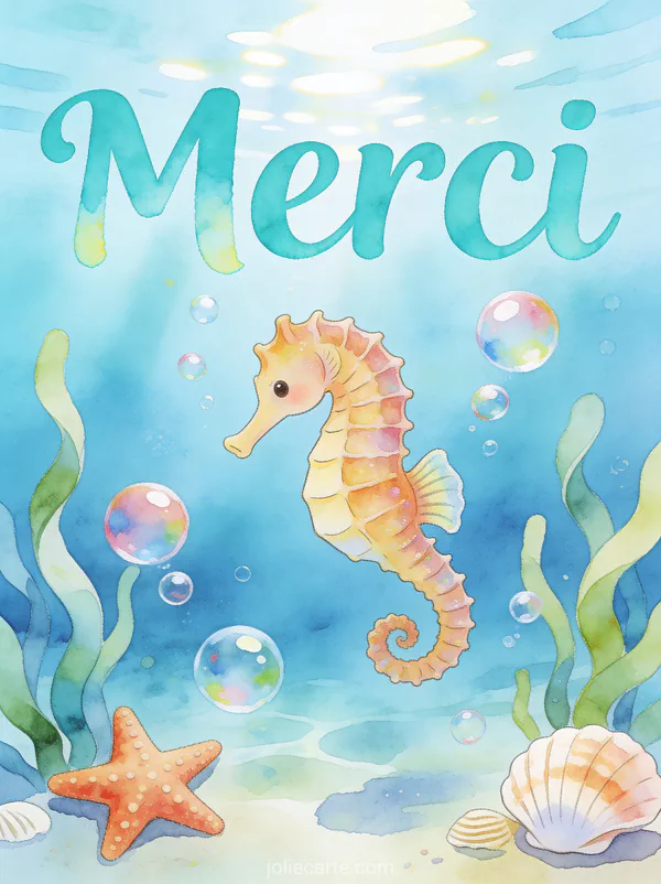 Hippocampe mignon nageant parmi des bulles colorées et algues avec étoiles de mer et coquillages sous-marins