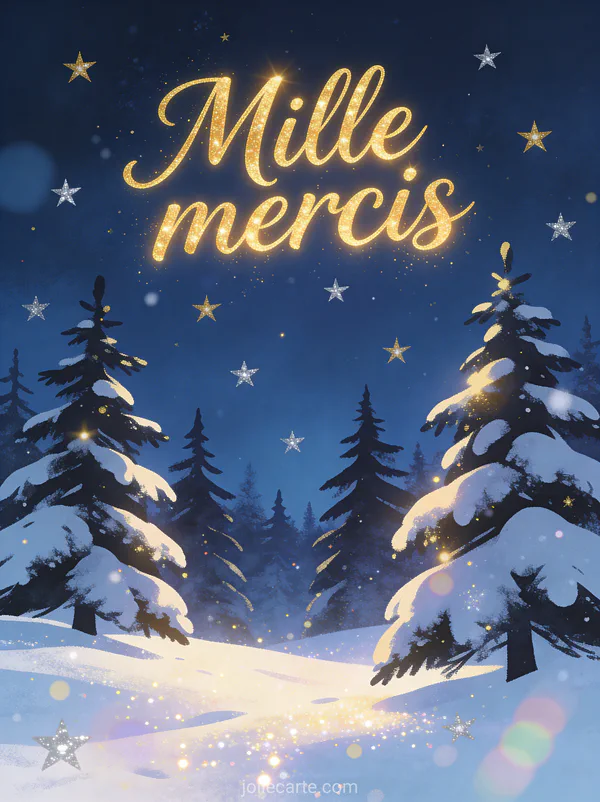 Texte Mille mercis en lettres dorées calligraphiées lumineuses avec des dizaines de petites étoiles dorées et argentées flottant dans un ciel hivernal bleu profond au-dessus de sapins enneigés