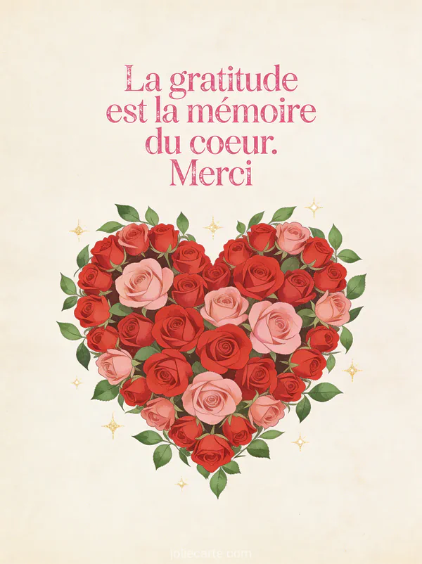 Grand coeur formé par des petites roses rouges et roses avec feuilles vertes et étincelles dorées sur fond ivoire