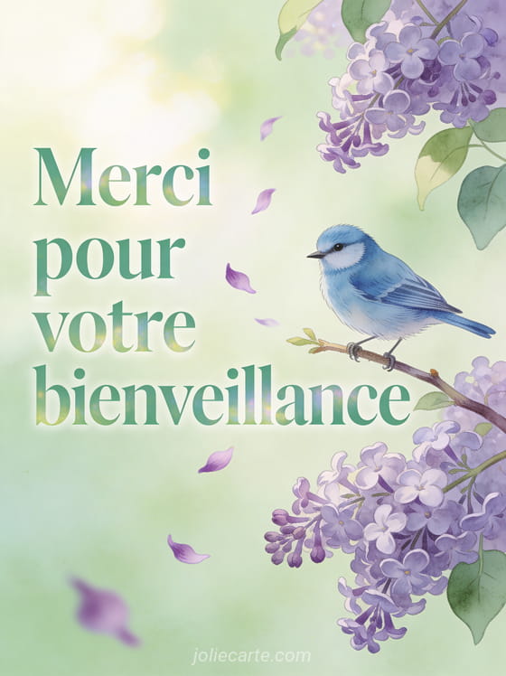 Mésange bleue perchée sur une branche de lilas en fleurs avec pétales violets qui s’envolent