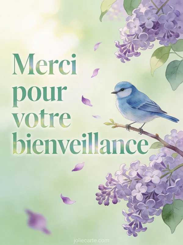 Mésange bleue perchée sur une branche de lilas en fleurs avec pétales violets qui s’envolent