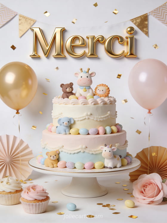 Gâteau de naissance à étages décoré de petits animaux en sucre avec ballons et fanions sur fond blanc