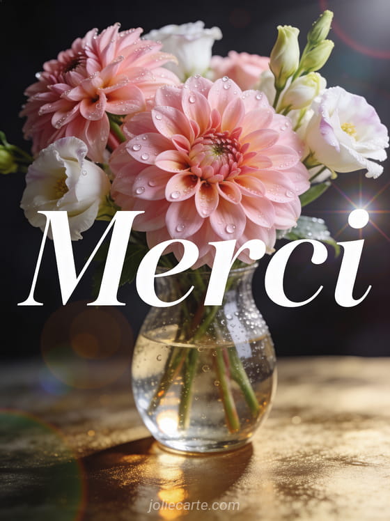 Bouquet de dahlias roses et lisianthus blancs dans un vase en verre avec gouttes de rosée sur fond noir doux