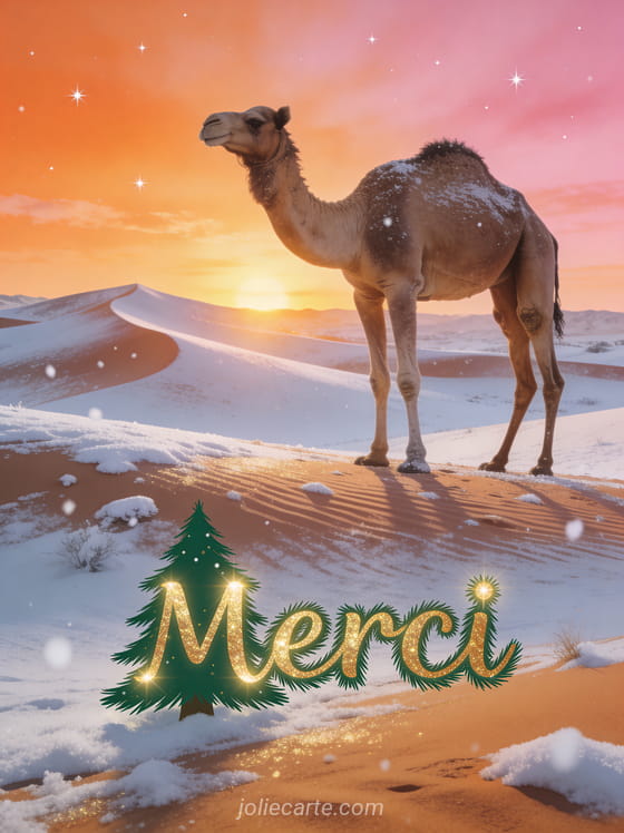 Texte Merci en lettres vertes sapin dorées avec un dromadaire majestueux dans un désert aux dunes couvertes de neige au lever du soleil sous un ciel orange et rose