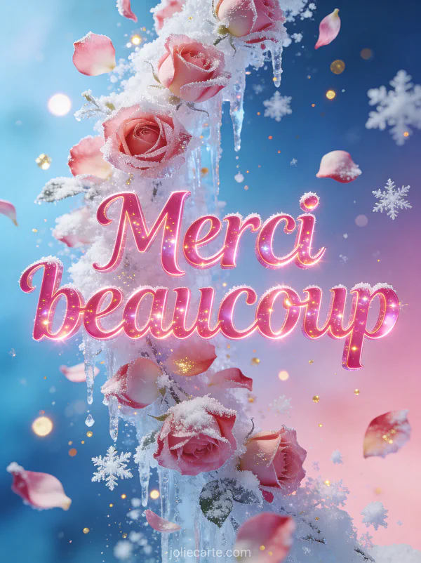 Texte Merci beaucoup en lettres rose vif scintillantes avec une cascade de pétales de rose gelés et de flocons mélangés sur fond dégradé bleu et rose lumineux
