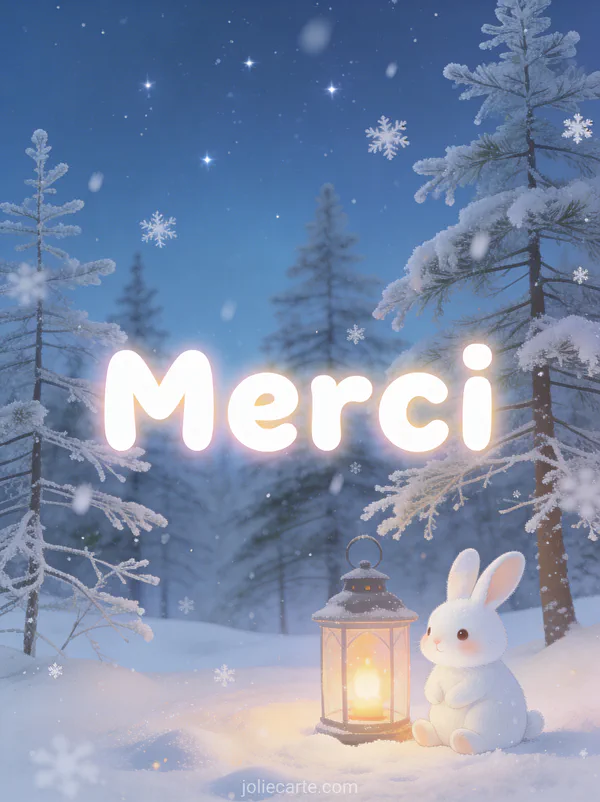 Texte Merci en lettres blanches rondes avec un petit lapin blanc assis dans la neige à côté d'une lanterne allumée sous des sapins givrés et un ciel étoilé bleu nuit