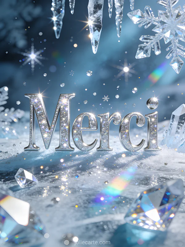 Texte Merci en lettres argentées avec effet glitter intense entouré de cristaux de glace et étoiles scintillantes sur fond bleu glacé et argent avec reflets prismatiques